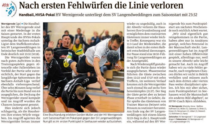Die Volksstimme berichtet vom Pokalaus der 1. Mannschaft